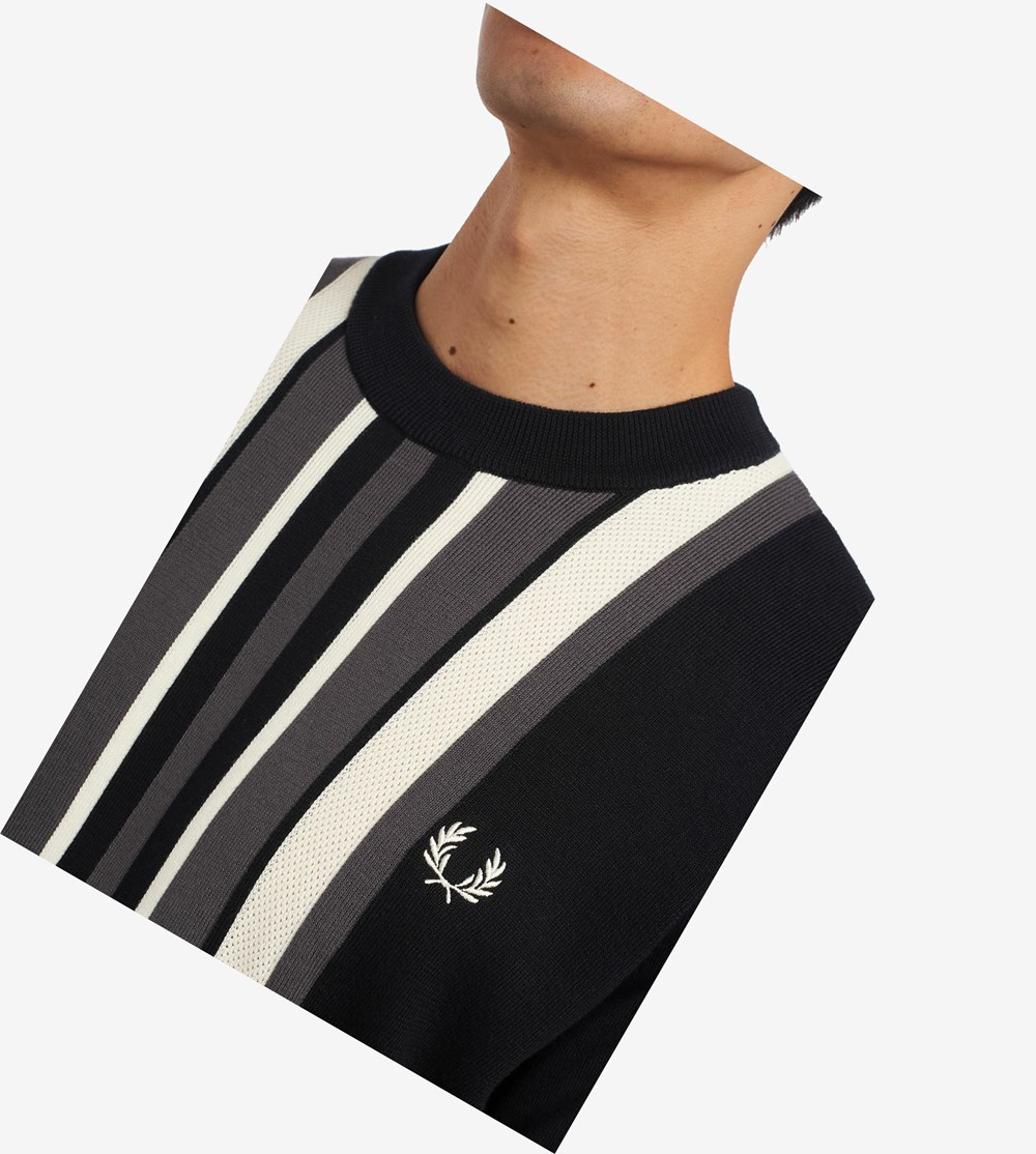 Fred Perry Striped Knitted T-Shirt Strikkevarer Herre Sort | 874539-AWM