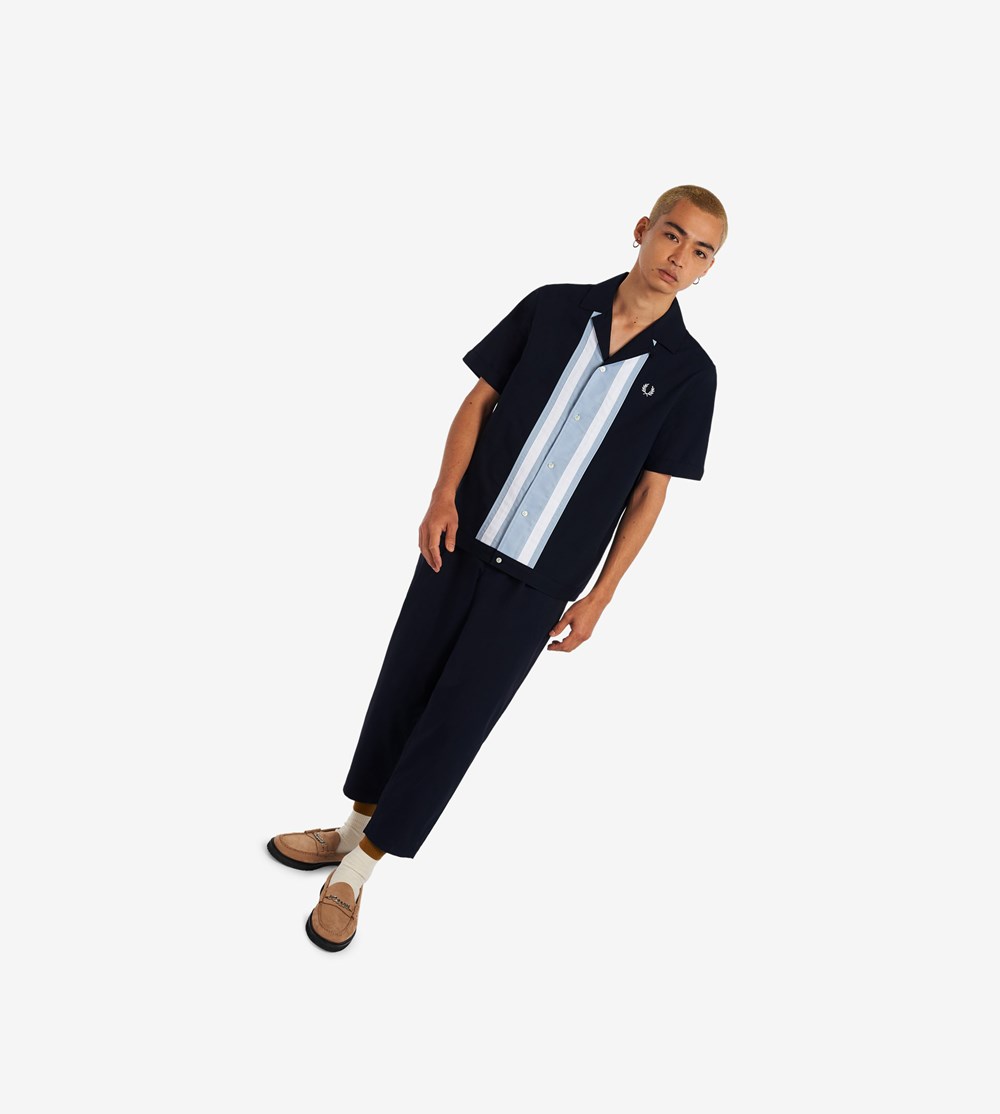 Fred Perry Striped Panel Bowling Skjorte Herre Mørkeblå | 036581-EUQ