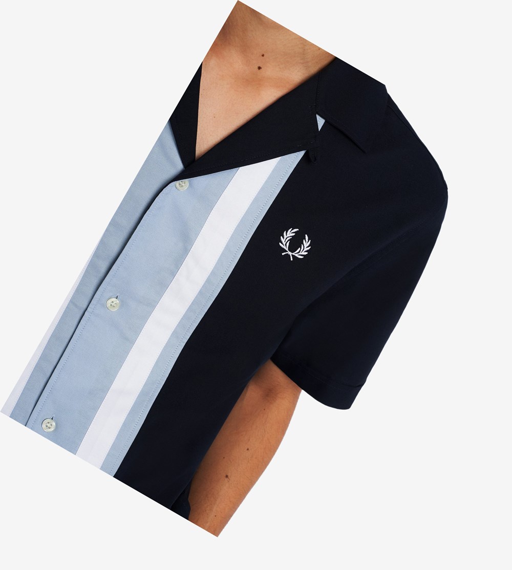 Fred Perry Striped Panel Bowling Skjorte Herre Mørkeblå | 036581-EUQ