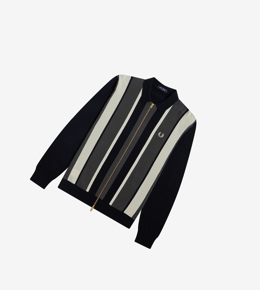 Fred Perry Striped Zip-Through Cardigan Strikkevarer Herre Mørkeblå | 036928-CGZ