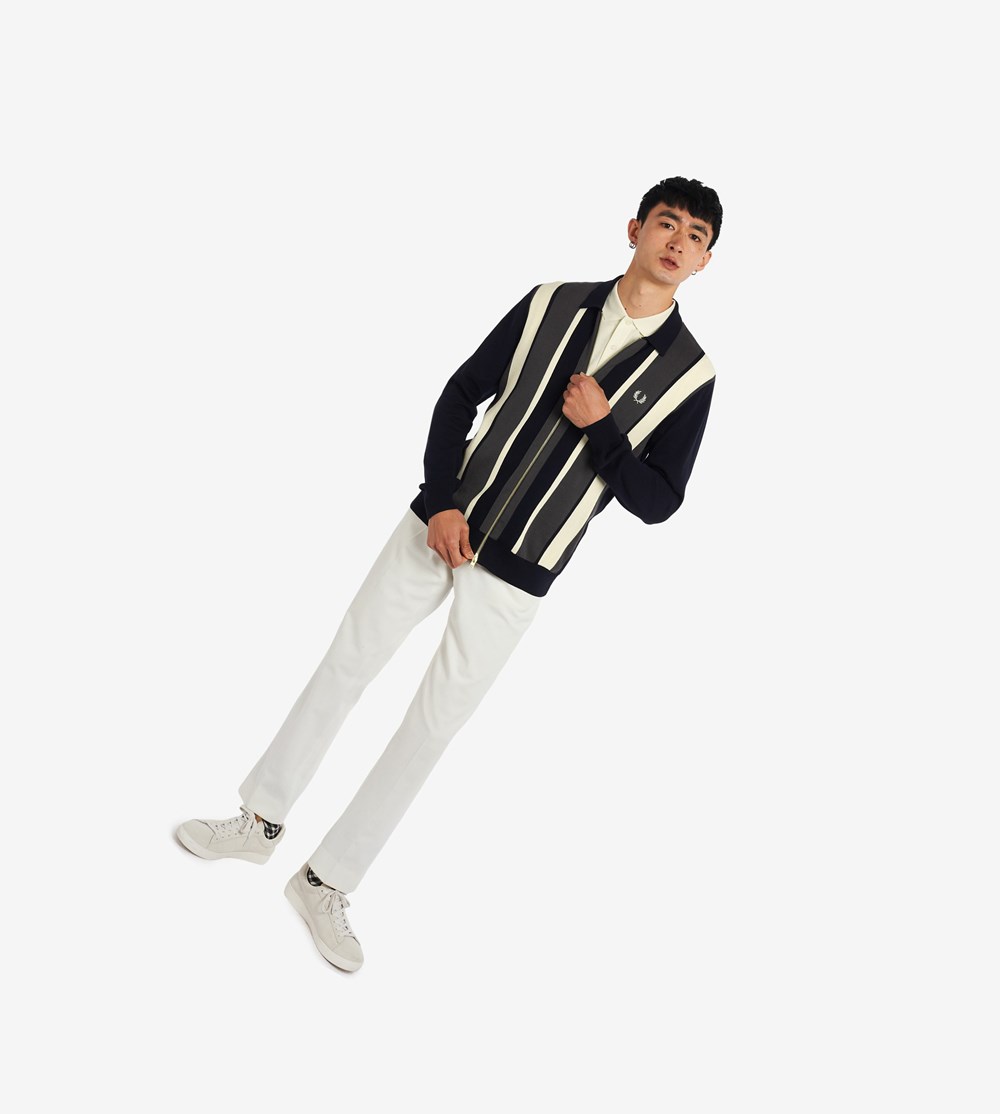 Fred Perry Striped Zip-Through Cardigan Strikkevarer Herre Mørkeblå | 036928-CGZ