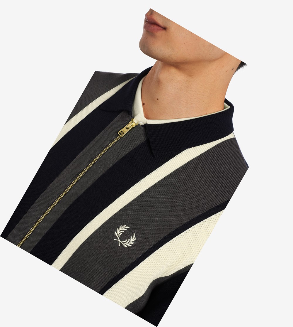 Fred Perry Striped Zip-Through Cardigan Strikkevarer Herre Mørkeblå | 036928-CGZ