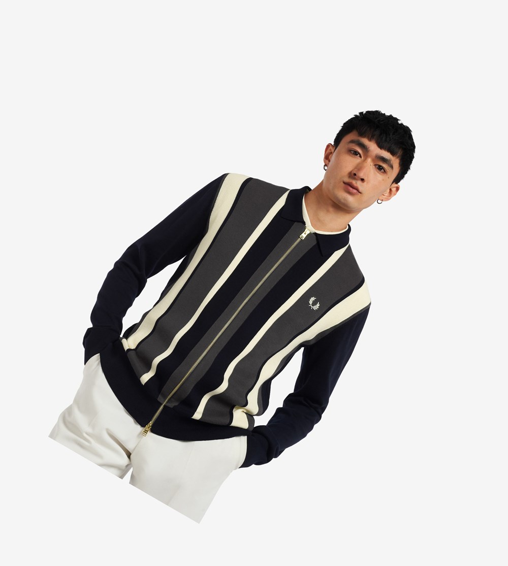 Fred Perry Striped Zip-Through Cardigan Strikkevarer Herre Mørkeblå | 036928-CGZ