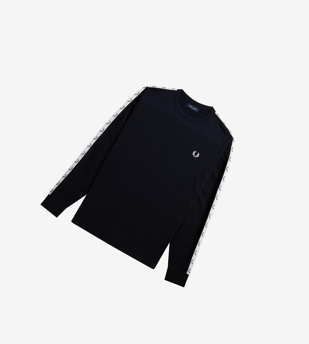 Fred Perry Taped Long Sleeve T Shirts Herre Mørkeblå | 210678-VLX