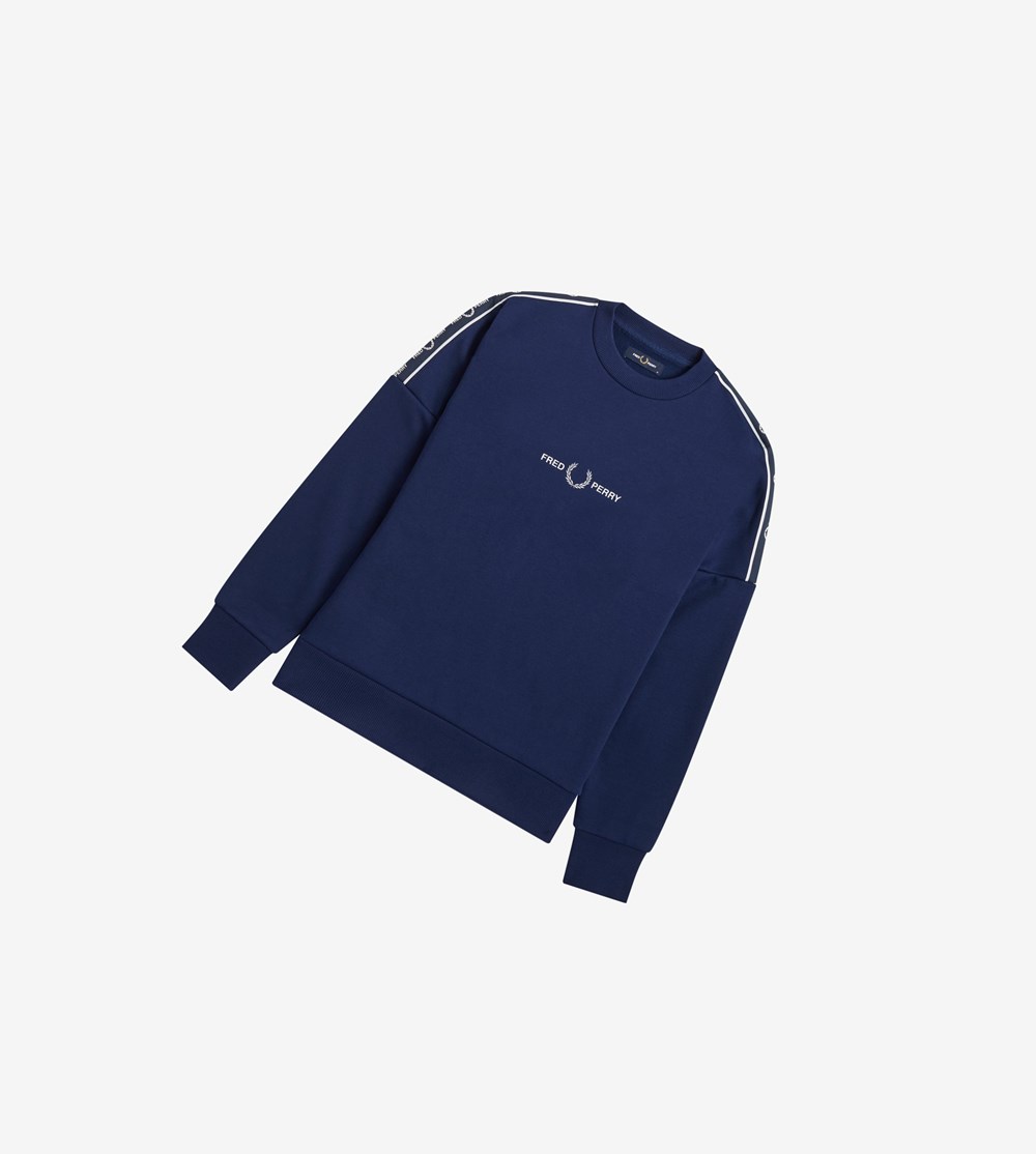 Fred Perry Taped Sleeve Sweatshirt Herre Mørkeblå | 849172-YRX