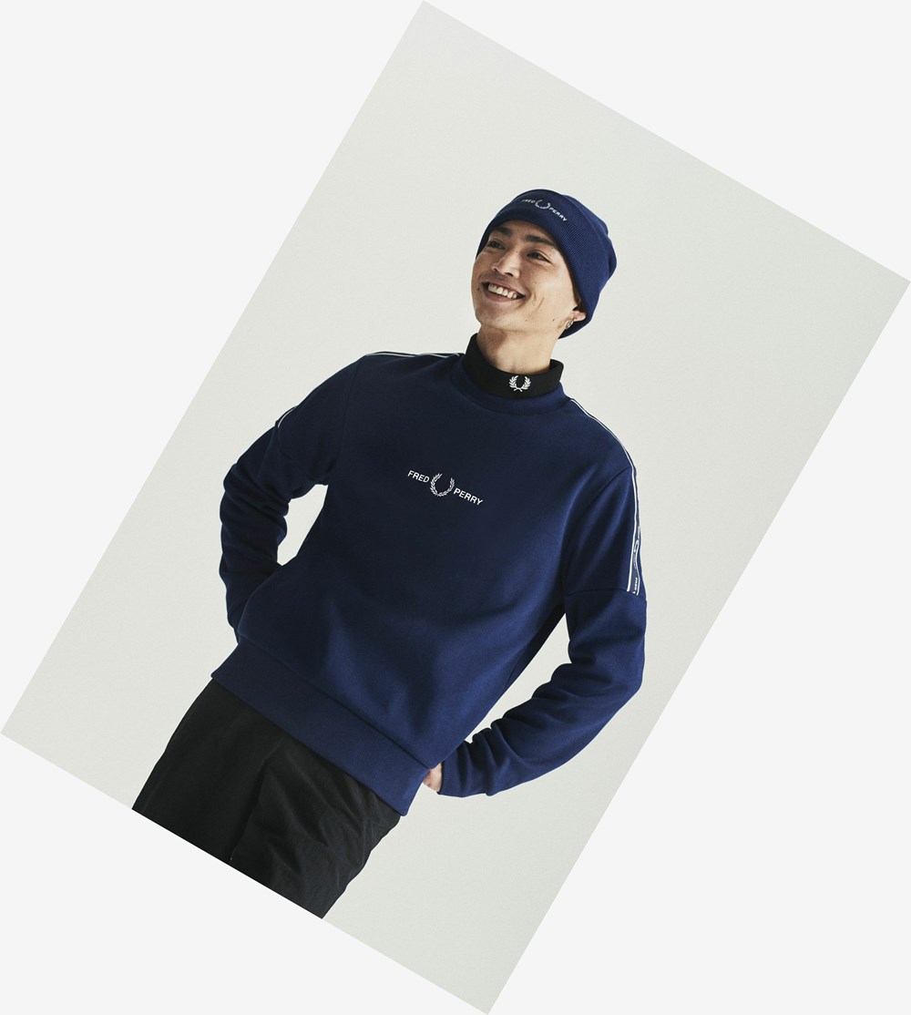 Fred Perry Taped Sleeve Sweatshirt Herre Mørkeblå | 849172-YRX