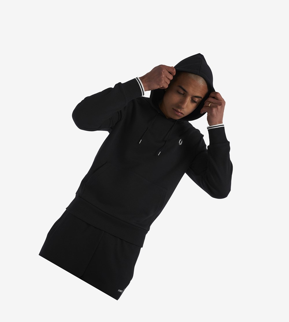 Fred Perry Tipped Hætte Sweatshirt Herre Sort | 504628-OKV