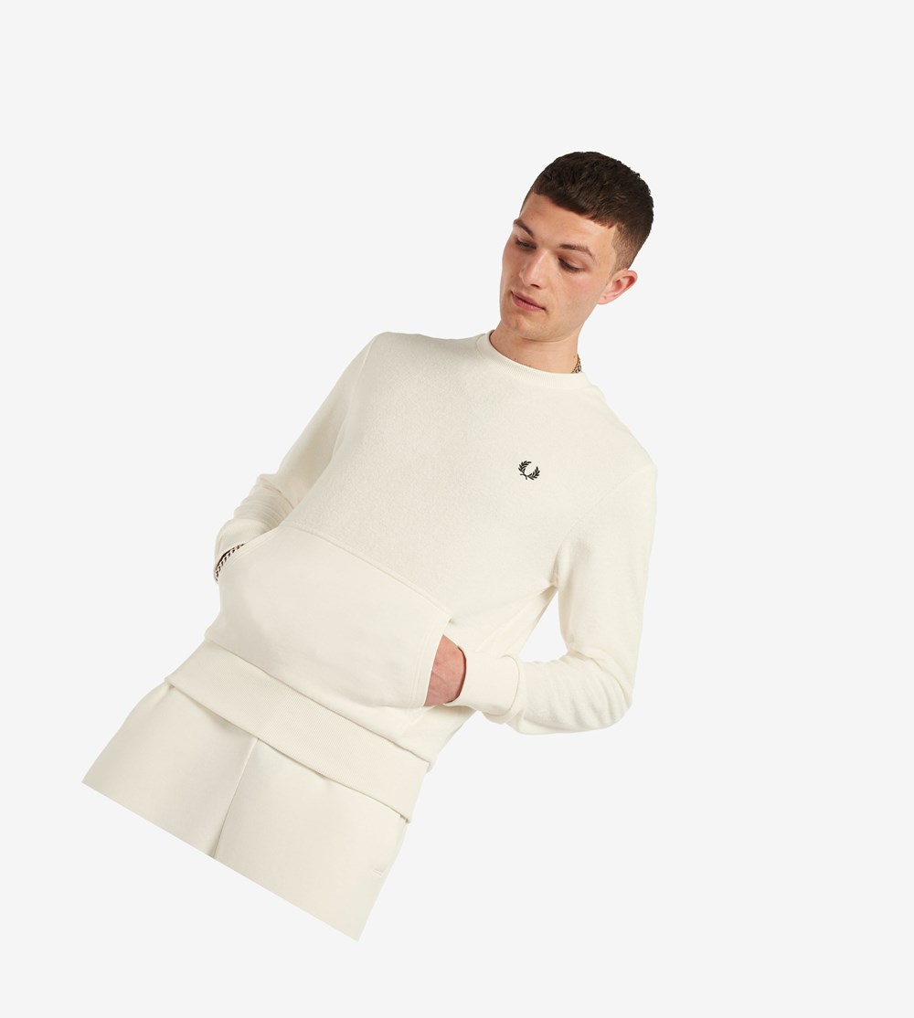 Fred Perry Towelling Crew Neck Sweatshirt Herre Hvide | 015482-GFA