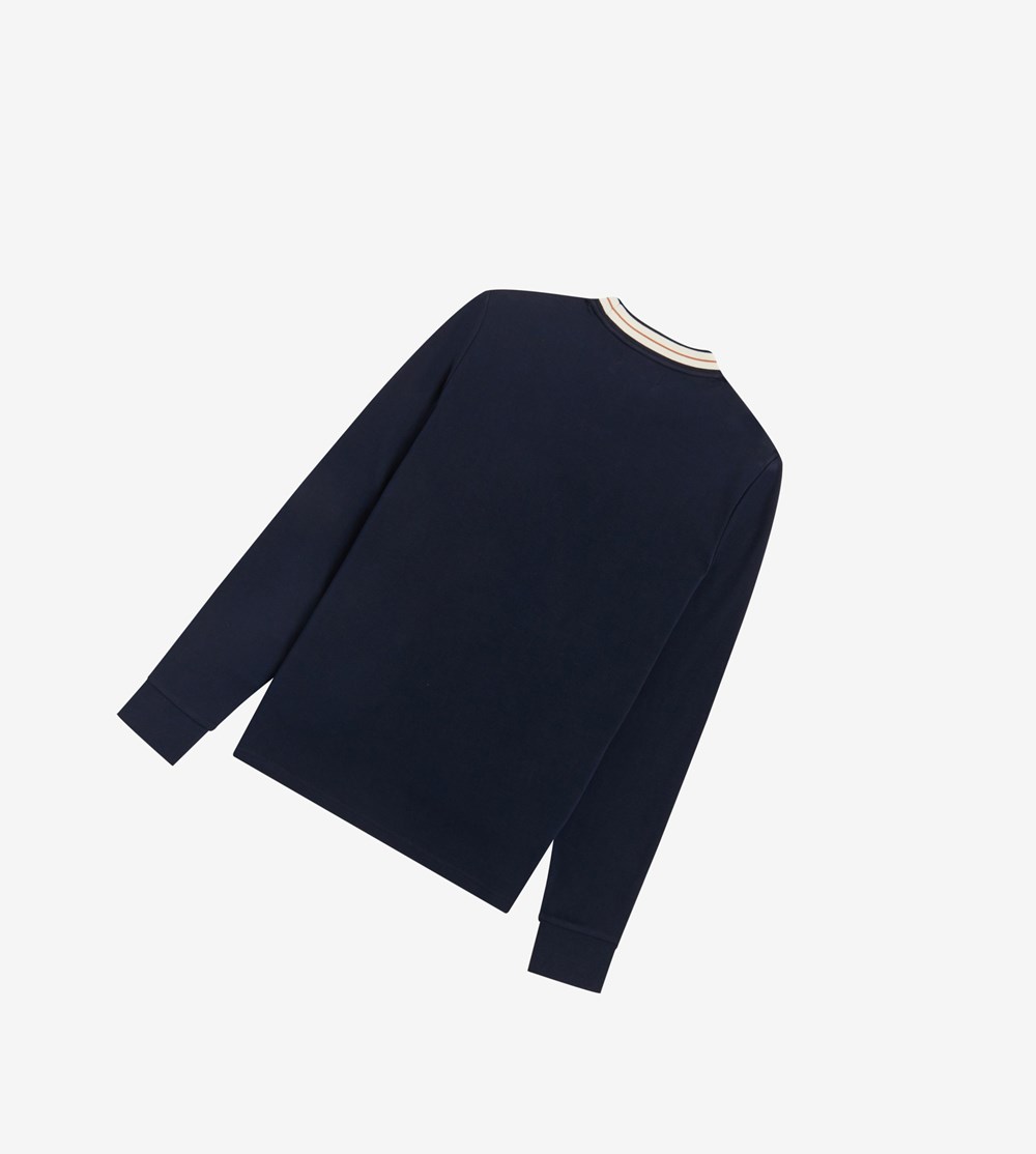 Fred Perry Tramline Tipped Long Sleeve Top Sweatshirt Herre Mørkeblå | 214095-QPB