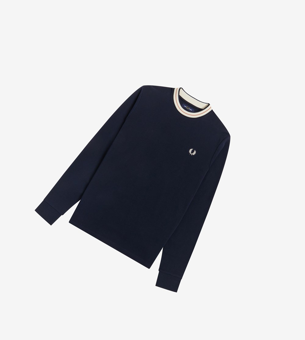 Fred Perry Tramline Tipped Long Sleeve Top Sweatshirt Herre Mørkeblå | 214095-QPB