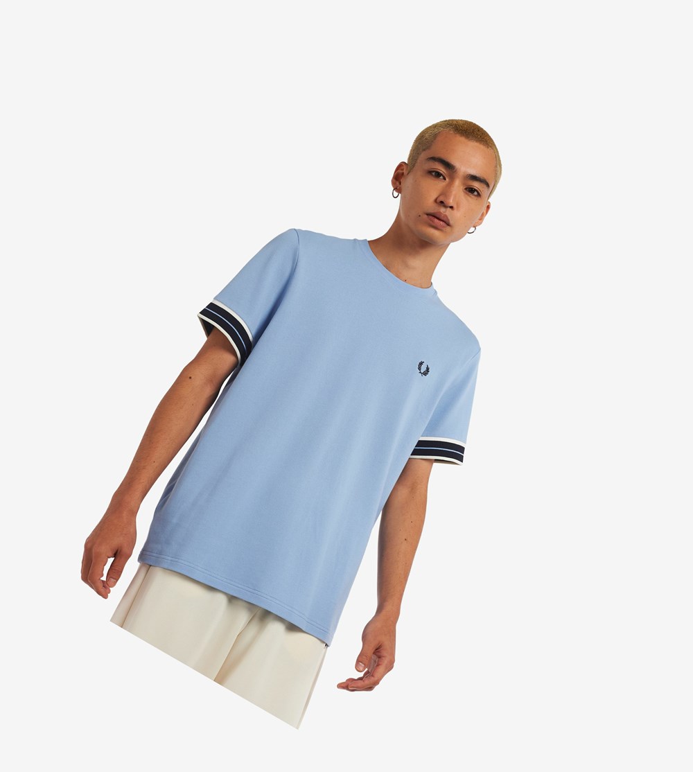 Fred Perry Tramline Tipped Piqué T Shirts Herre Blå | 043862-RJI