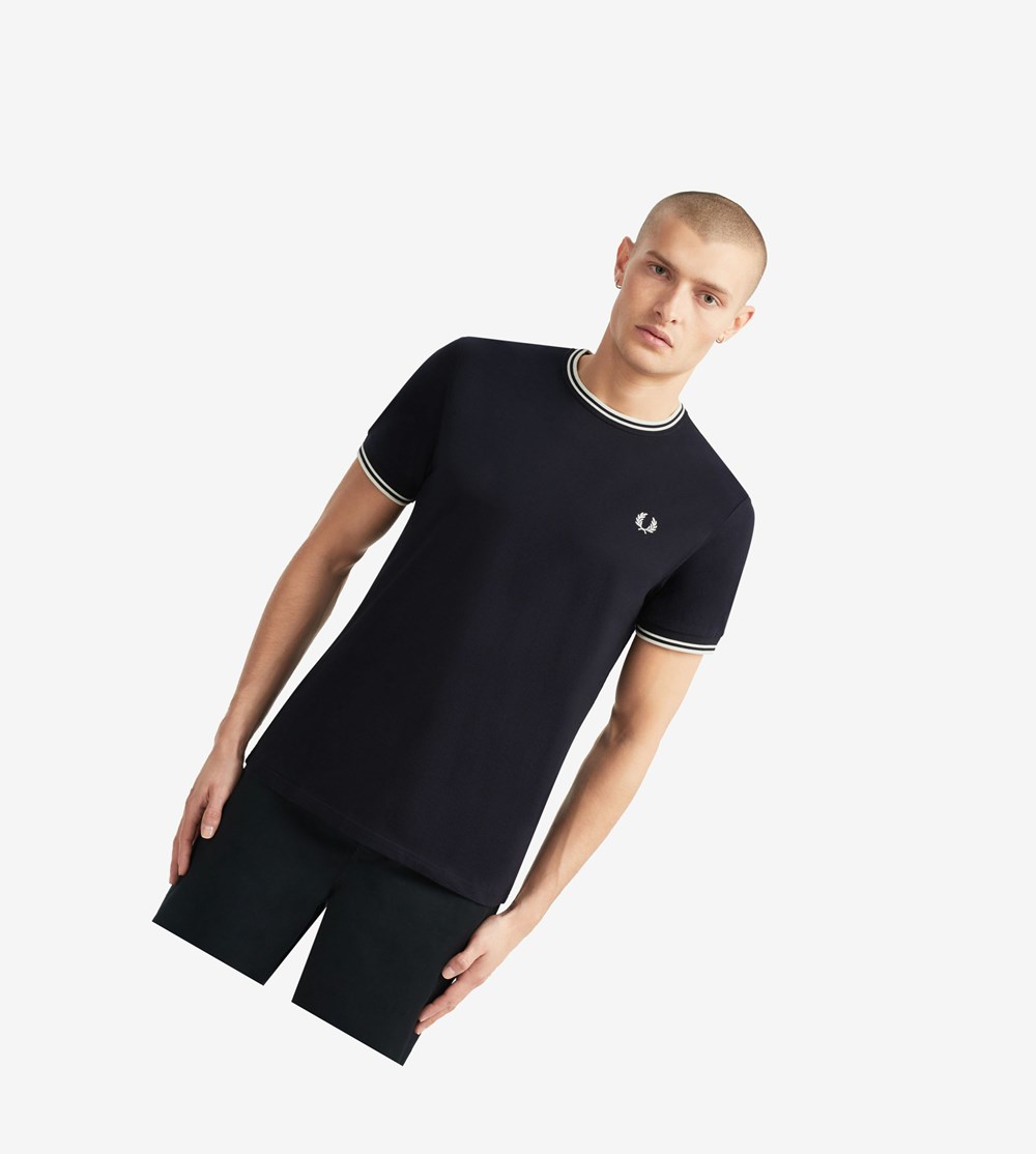 Fred Perry Twin Tipped T Shirts Herre Mørkeblå | 043752-COE