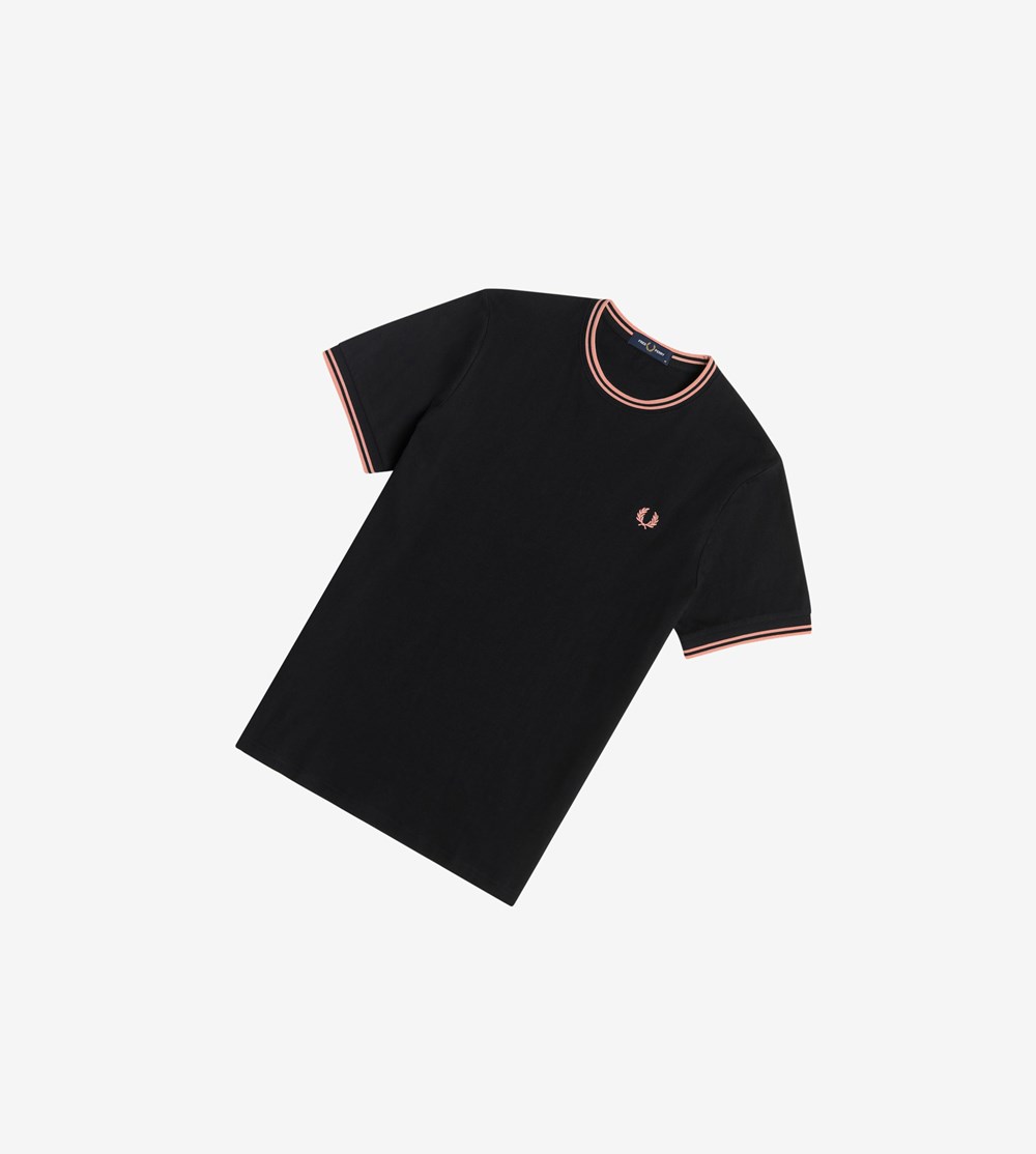 Fred Perry Twin Tipped T Shirts Herre Sort Lyserød Koral | 275894-OSA