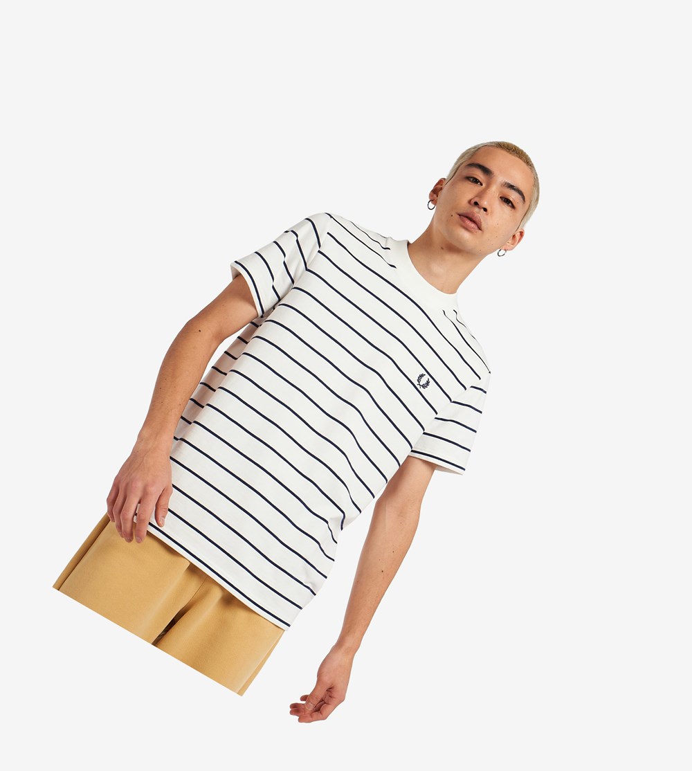 Fred Perry Two Colour Stripe T Shirts Herre Hvide | 094732-HCF