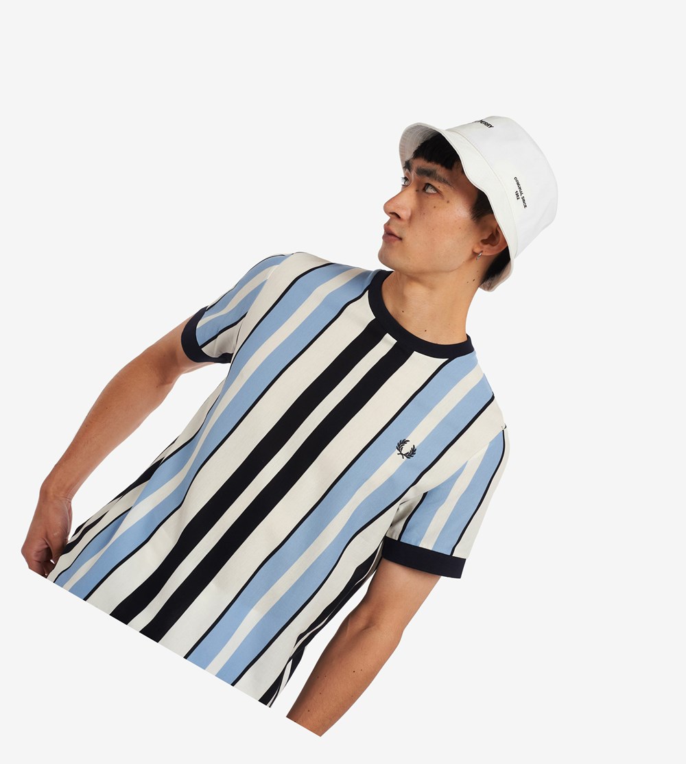 Fred Perry Vertical Stripe Piqué T Shirts Herre Blå | 790354-SCT