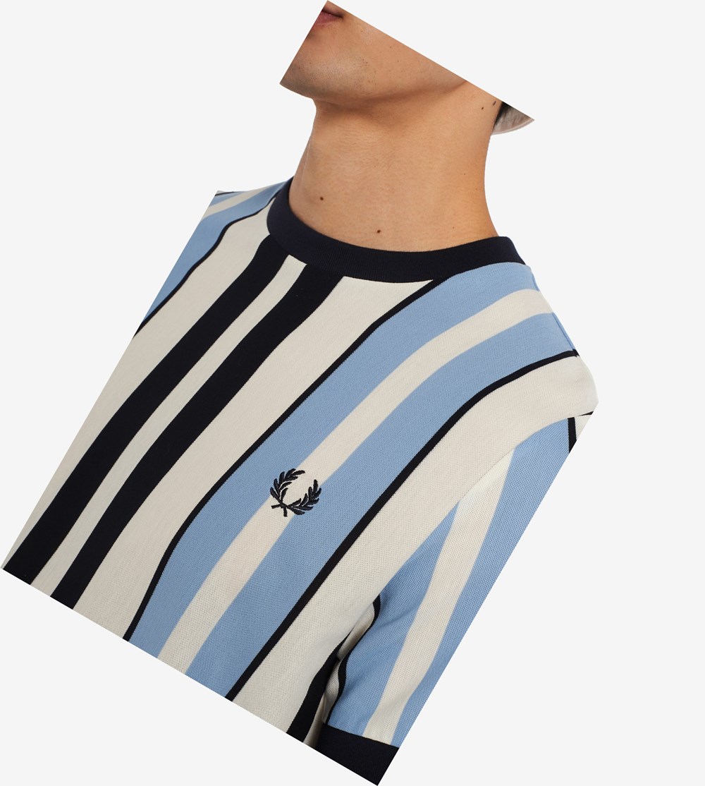 Fred Perry Vertical Stripe Piqué T Shirts Herre Blå | 790354-SCT