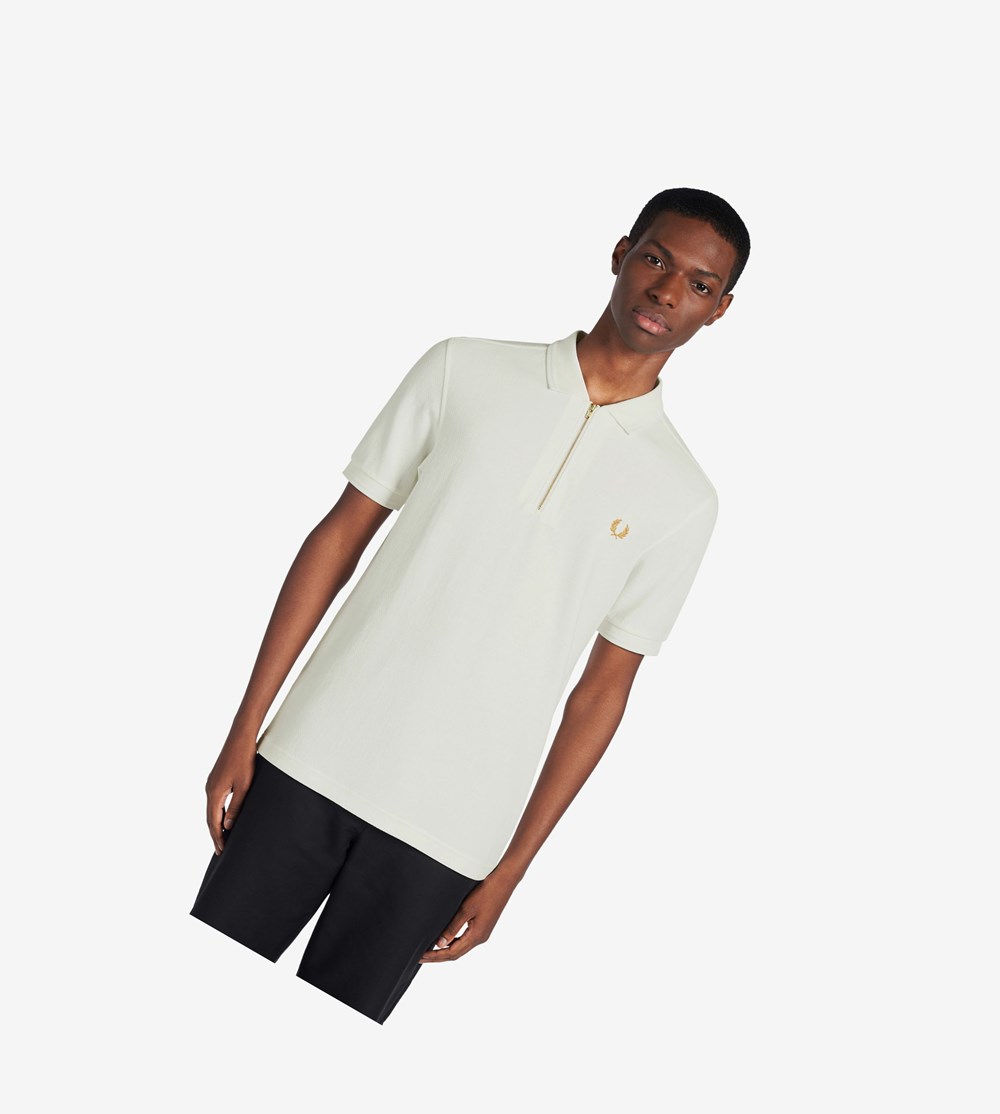 Fred Perry Zip Neck Polo Shirt Herre Hvide | 423965-RNB